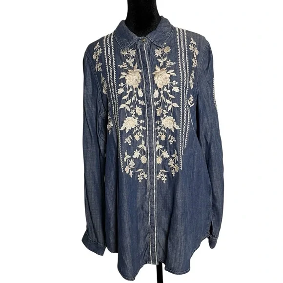 Sundance Driftwood Auger Falls Chambray Denim Floral Embroidered Shirt — Sz S - Picture 2 of 12